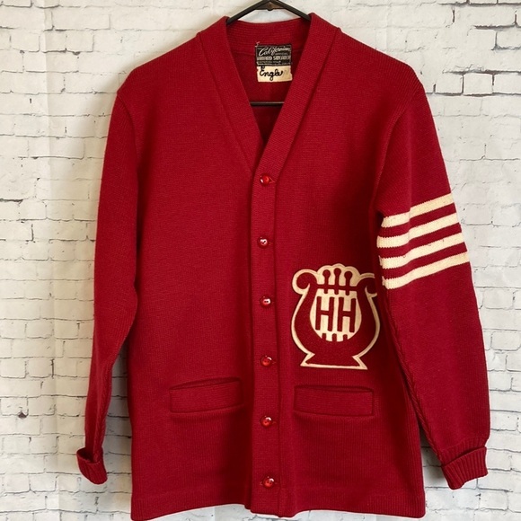 Letterman Cardigan Sweater Criterion Knitting Mills Red Wool Rockabilly Vintage - Picture 1 of 16